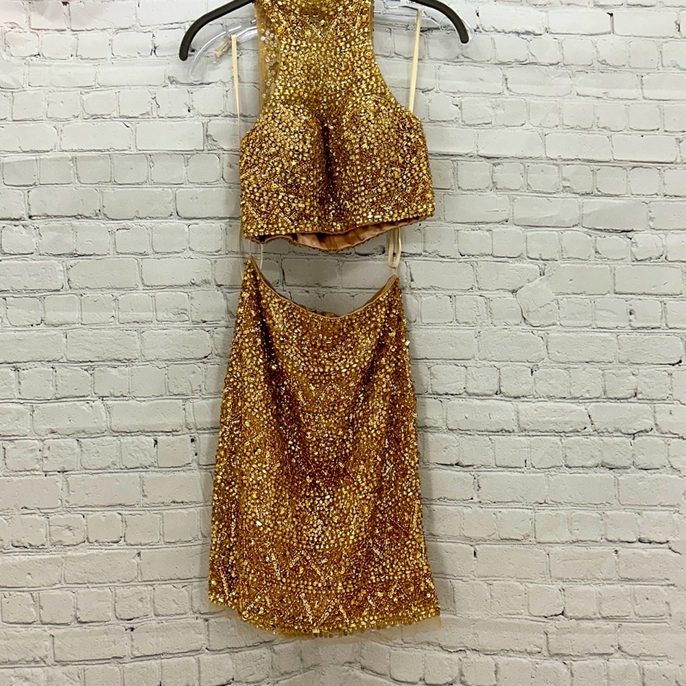 Splash Gold 2pc cocktail formal dress fully stoned all gold size 00